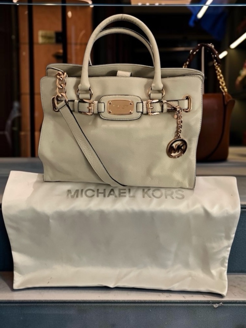 GORGEOUS!MICHAEL KORS HAMILTON LARGE EAST WEST CREAM PEBBLE LEATHER SATCHEL TOTE